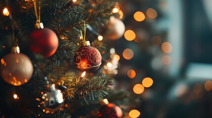 Close up of a decorated Christmas tree with lights