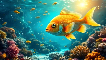 Fototapeta premium Golden fish with shimmering scales and glowing fins swimming through a digital golden underwater scene with radiant light effects .