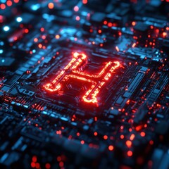 Glowing Letter H Integrated on a Dark Circuit Board with Red and Blue Lights