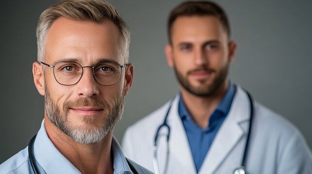 Two doctors are posing in front of a neutral grey backdrop, with the foremost doctor wearing glasses and a stethoscope.