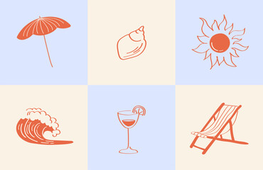 Vintage square set of elements with umbrella, sun, drink, shell, wave and chaise lounge in pastel colors in retro style