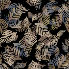 Seamless abstract pattern featuring decorative palm leaves in shades of beige, brown, blue, and olive green on a black background. This stylish and modern design is perfect for textile.