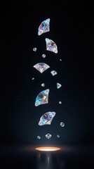 Iridescent diamonds in slow motion twirl against a deep black background. Sharp studio lighting highlights brilliance, with a central dark space creating luxury and elegant contrast.

