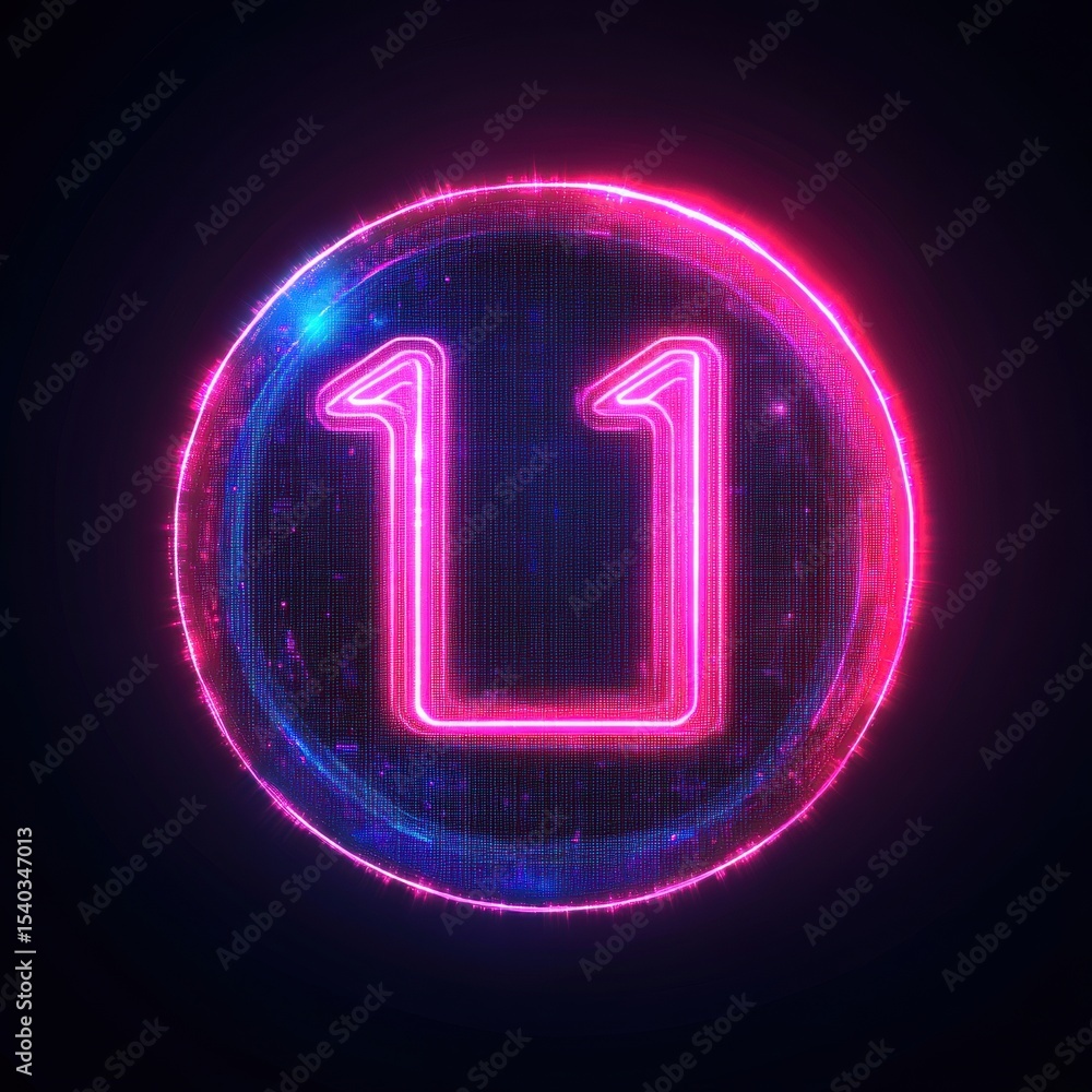 Aufkleber glowing neon number eleven inside circular frame with pixelated surface