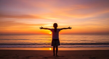 Fototapeta premium silhouette of the young girl at the beach sunset