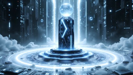 A futuristic, glowing pedestal with a digital sphere stands at the center of a high-tech, sci-fi environment filled with towering structures and mist.