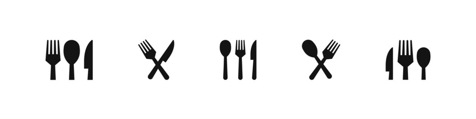 Cutlery icons. Fork, knife and spoon vector set. Restaurant logo. Menu sign. Cutlery icon set. Food menu sign isolated.