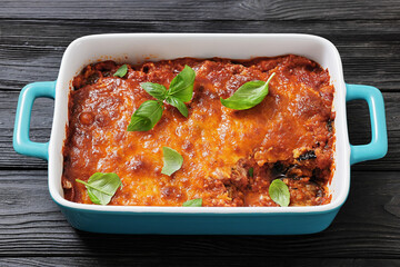 Eggplant Parmigiana in a baking dish, top view