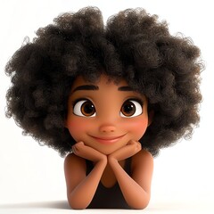 A cute animated girl with big brown eyes and voluminous curly hair smiles gently while resting her chin on her hands.