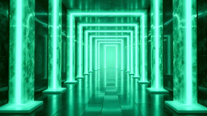 A futuristic corridor lined with glowing green marble columns and illuminated rectangular frames creating a luminous, symmetrical tunnel effect.