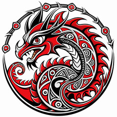 Red Tribal Dragon Tattoo with Artistic Swirls and Vintage Elements