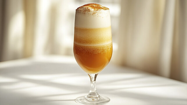 tall, slender glass holds layered golden elixir topped with frothy cream, evoking sense