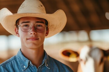 A man wearing a cowboy hat and vest stands in front of a herd of cows
