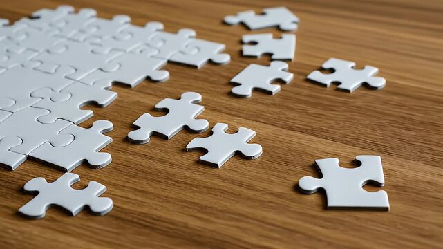 White Puzzle Pieces Scattered On Brown Wooden Surface Demonstrating Strategy Completion