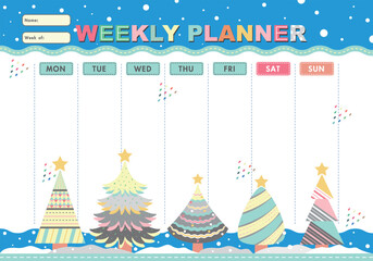 Childish Weekly Planner with cartoon Christmas trees and cute elements. Schedule template, weekly planner for printing. Cartoon vector illustration for kids. Blue background.