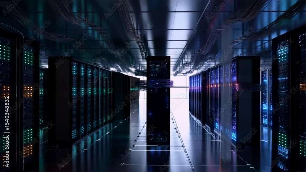 Poster a view down a long corridor of server racks with blinking lights in a data center with a reflective 