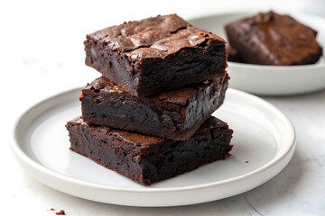 Three delicious chocolate brownies stacked with drizzled ganache