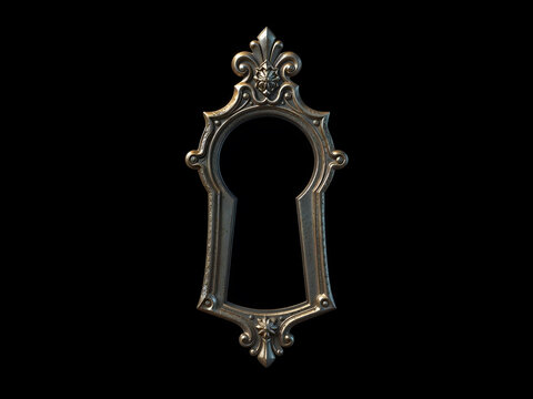 Ornate vintage keyhole with metallic decoration on black background, ideal for mystery or secret concept. Generative AI