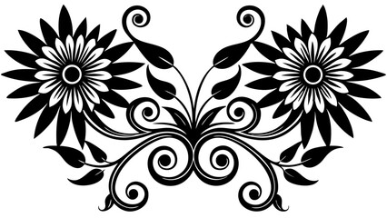 Black and white floral pattern with vintage decorative elements and swirling flower designs