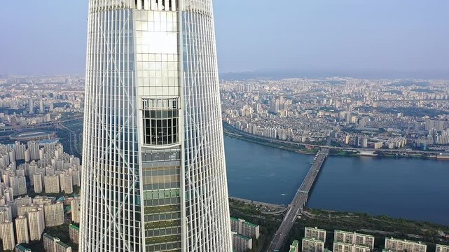 4K Aerial Drone View of Lotte World Tower and Jamsil Skyline, Seoul, South Korea