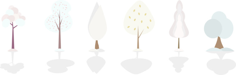 Set of hand drawn trees flat design vector element with winter colors and shadows.
