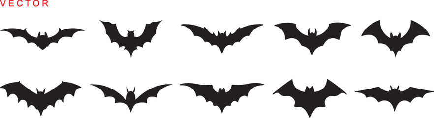 Halloween bat and bats silhouette, Bat icon, set of halloween bats vector illustration on a white background