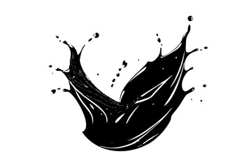 A dynamic splash of black liquid with droplets flying outward, resembling an artistic abstract design.