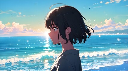 girl by the sea at sunset in anime style image