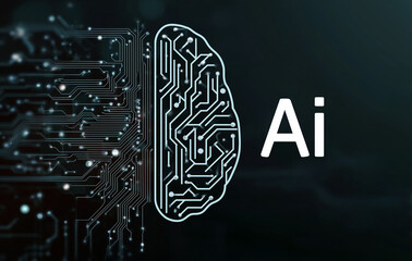 Text AI with illustration of the human brain made from circuit board