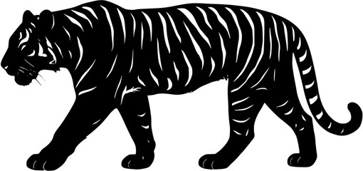 Fototapeta premium Tiger Silhouette in Dynamic Pose, Minimal Black Vector Symbolizing Strength, Power, and Wildlife