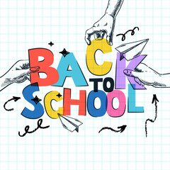 Back to school banner or poster design elements. Vibrant letters in kids hands. Vector illustration. Education concept