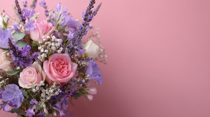 Delicate bouquet of pastel roses, lavender, and wildflowers on a pink background (1)