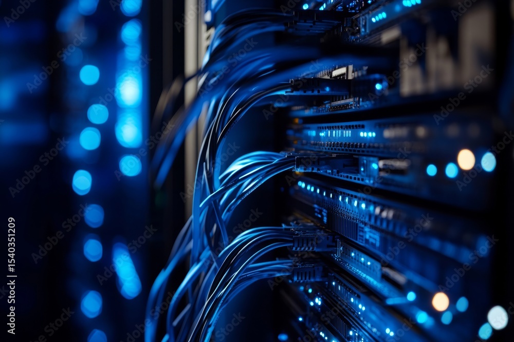Poster network cables illuminated with blue lights, showcasing a close-up view of a server rack in a data c