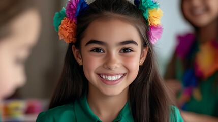Fototapeta premium Girl smiles brightly at the camera while wearing a colorful floral headband and green shirt.