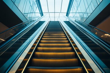 Modern escalators lead upward through a sleek, glass-walled space, illuminated by natural light filtering from above.