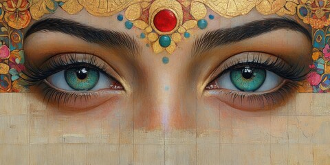 Eye level close-up of a woman with turquoise eyes wearing decorative gold jewelry