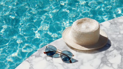 Relaxing by the sparkling pool with sunglasses and a straw hat on a sunny day