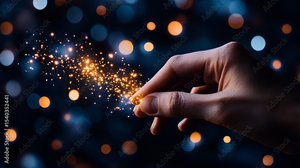 Poster hand creates shimmering lights and sparks against a dark blurred background with bokeh effects.