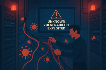 A server room technician reacts to a cyberattack exploiting an unknown vulnerability. Viruses spread across cables as a warning appears on screen. Editorial flat vector illustration with dark tones.