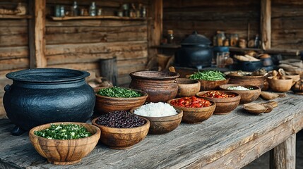 Wooden bowls filled with various ingredients on a rustic wooden table.