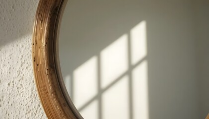 Macro view of a round mirror with a wooden frame, sunlit wall reflection, natural color palette