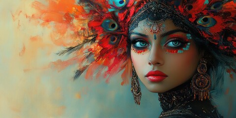 Close-up portrait of an Indian woman with vivid eye makeup and decorative headpiece