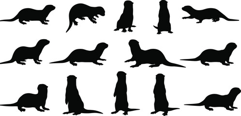 Otter silhouette vector set, wild animal shape collection, standing and sitting otters, black otter illustration, aquatic mammal clipart, nature symbol design art