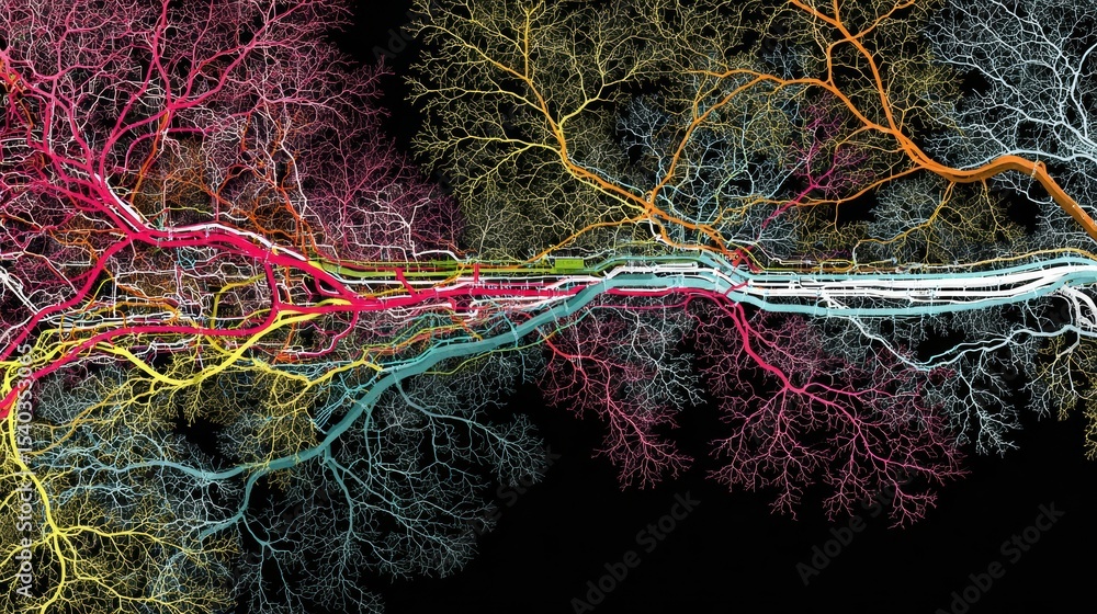 Poster Colorful Representation of the Nervous System Designed Like an Intricate Subway Map With Vivid Lines and Intersecting Nodes