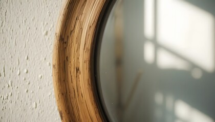 Macro view of a round mirror with a wooden frame, sunlit wall reflection, natural color palette