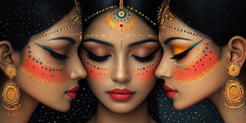 Three Indian women with decorative facepaint and jewelry in a close portrait