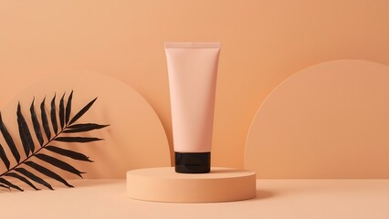 Minimalist skincare product tube with tropical leaf on a beige geometric background