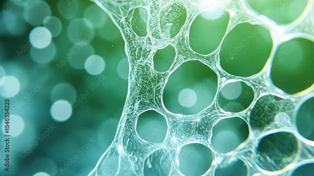 Poster Abstract Web of Cells: An intricate network of interconnected cells forms an abstract web, illuminated by a soft, ethereal light.