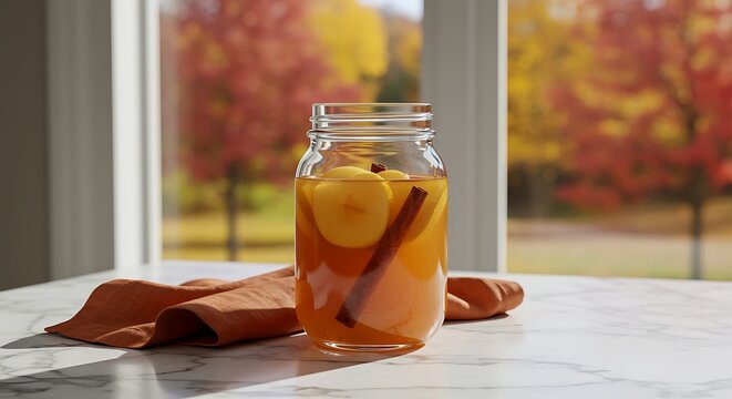 Refreshing apple cider infusion with cinnamon sticks in a mason jar autumnal beverage - Powered by Adobe