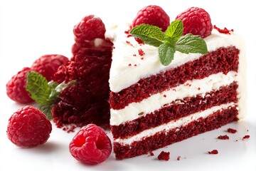 Delicious red velvet cake slice with raspberries